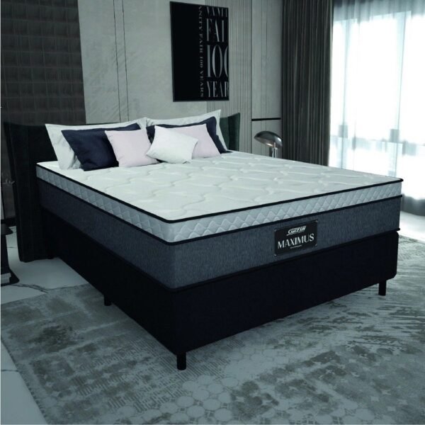 Cama Box Casal Queen Colchão Molas Ensacadas Pillow Top Maximus 158x198x67cm Cinza / Preto Gazin - Suporta até 120Kg por Pessoa